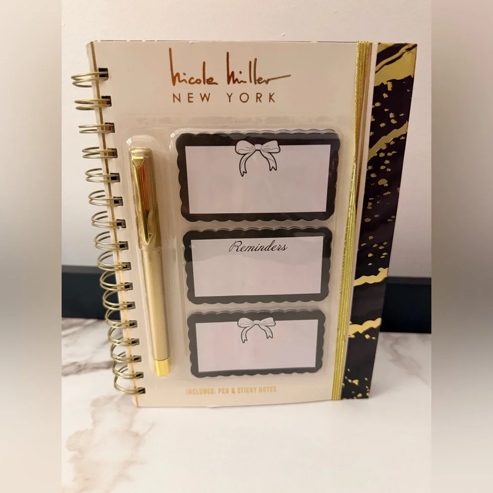 Nicole Miller New York Spiral Notebook with Pen & Sticky Notes - Black & Gold